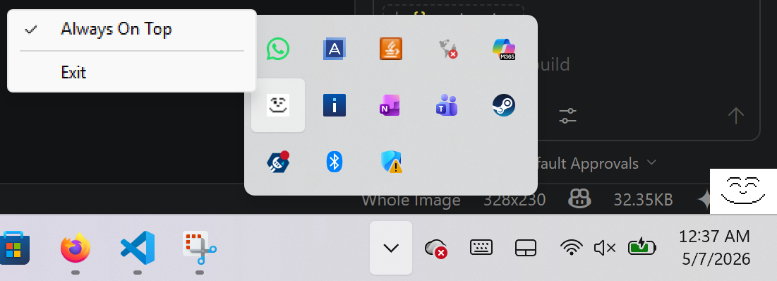 The virtual pet looking content and the minimized application in the system tray with its options menu open